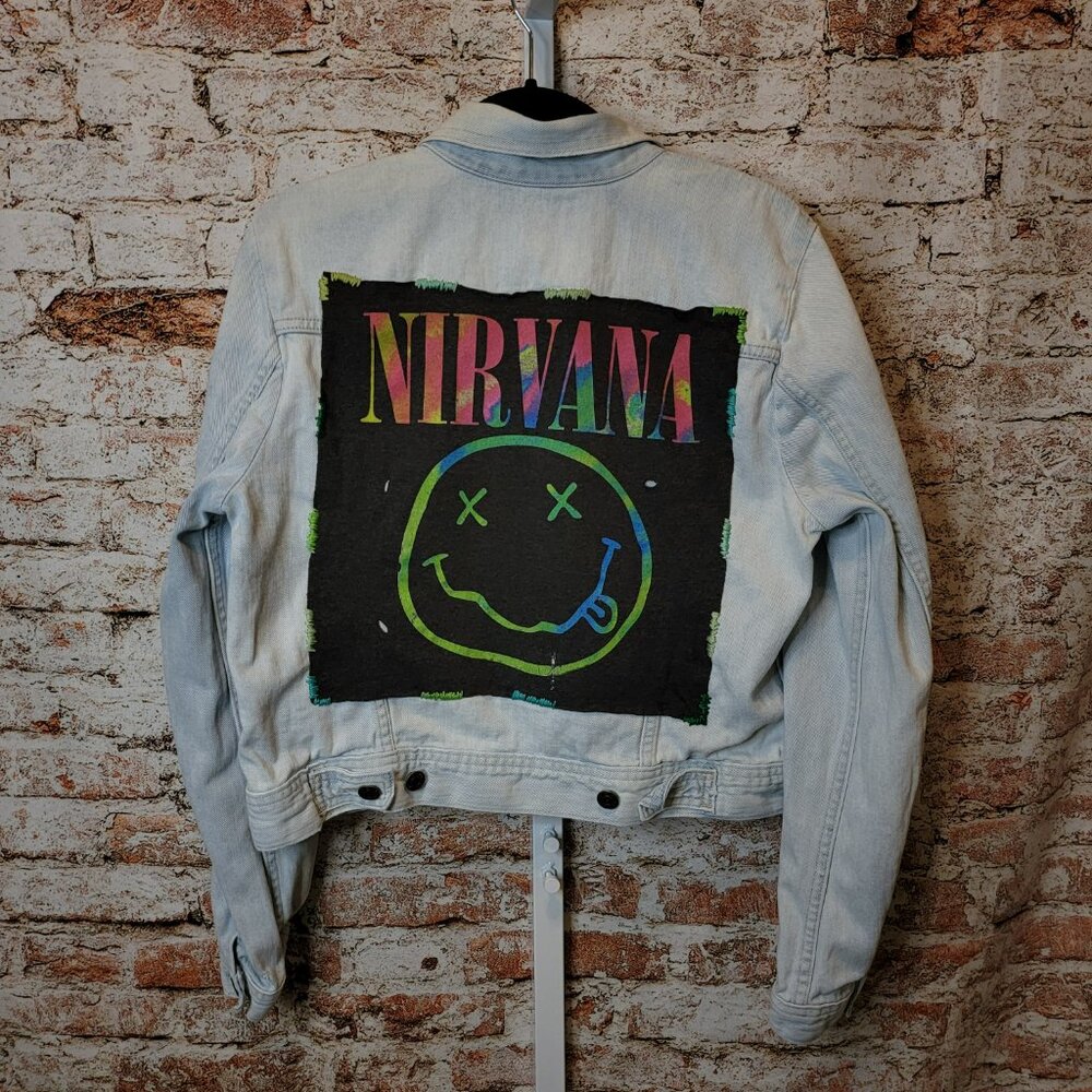 Upcycled Nirvana Band Tee Denim Jean Jacket, size large